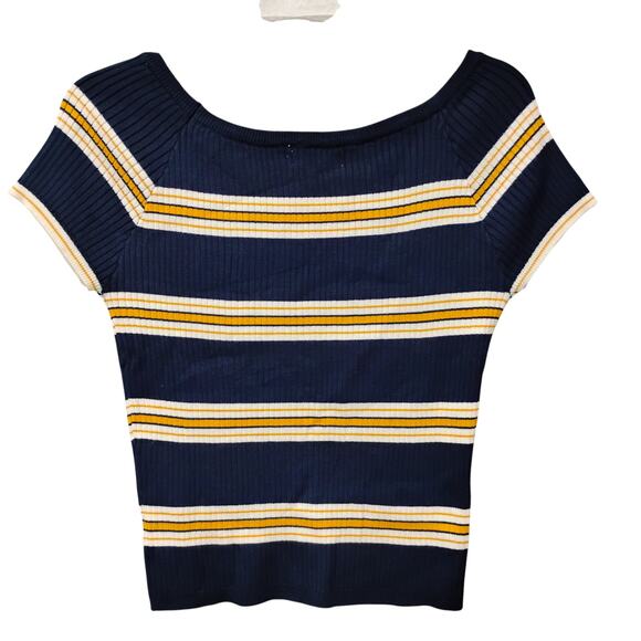 L.A. Hearts Ribbed Blouse Striped Blue and Yellow Size Large Short Sleeve - Picture 4 of 7